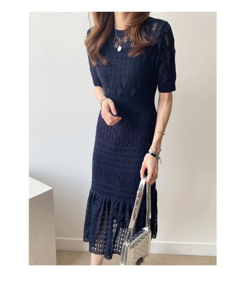Casual Chic Slim Out Dresses O Neck Short Sleeve Wrap Hip Knitted Dress