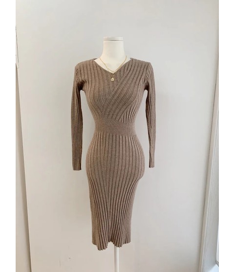 Vintage Long Sleeve Knitted Retro V-neck Dress