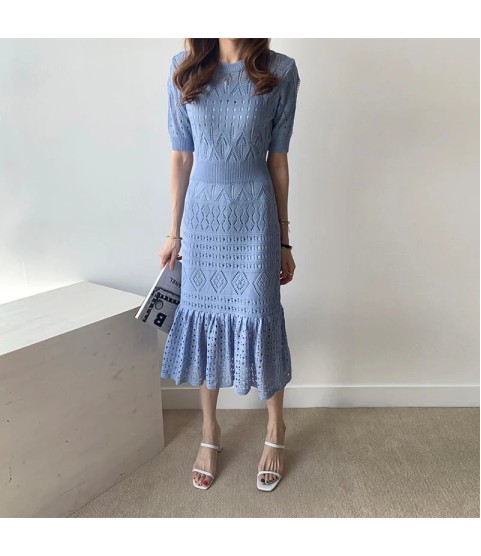 Casual Chic Slim Out Dresses O Neck Short Sleeve Wrap Hip Knitted Dress