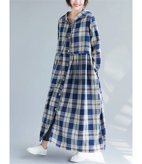 Casual Hooded Trench Coat Long Sleeve Single Breasted Plaid Cotton Office Lady Dress