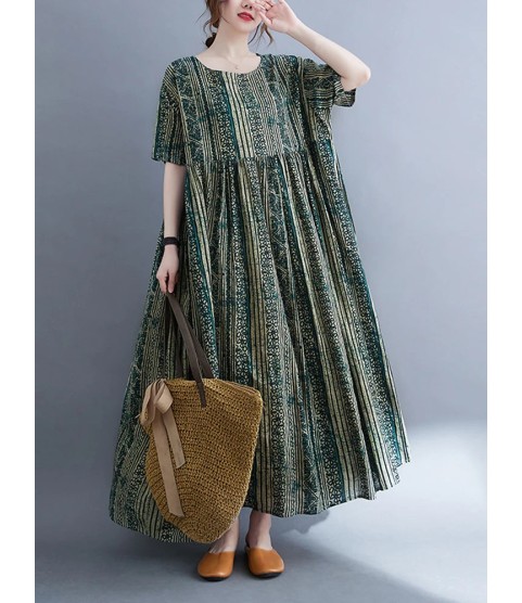 Oversized Vintage Cotton Linen Striped Dresses Casual Fashion