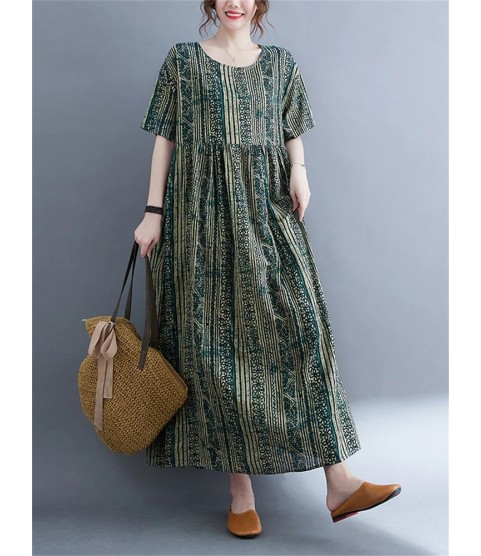 Oversized Vintage Cotton Linen Striped Dresses Casual Fashion