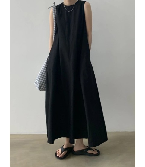 Cotton Linen Sleeveless Women's Long Dresses Solid O-Neck Style