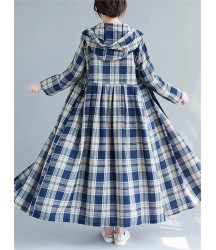 Casual Hooded Trench Coat Long Sleeve Single Breasted Plaid Cotton Office Lady Dress