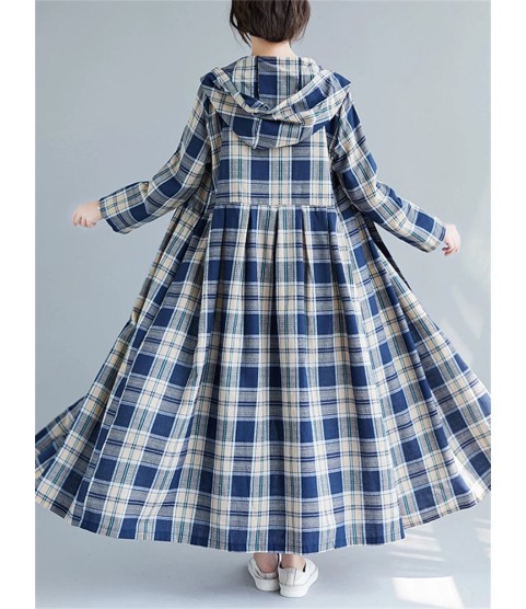 Casual Hooded Trench Coat Long Sleeve Single Breasted Plaid Cotton Office Lady Dress