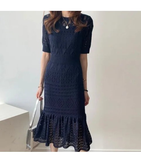 Casual Chic Slim Out Dresses O Neck Short Sleeve Wrap Hip Knitted Dress