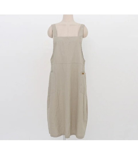 Fashion Cotton Linen Spaghetti Strap Dress Loose Pockets