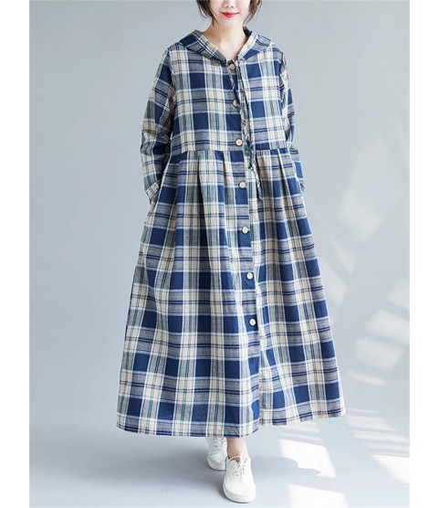 Casual Hooded Trench Coat Long Sleeve Single Breasted Plaid Cotton Office Lady Dress
