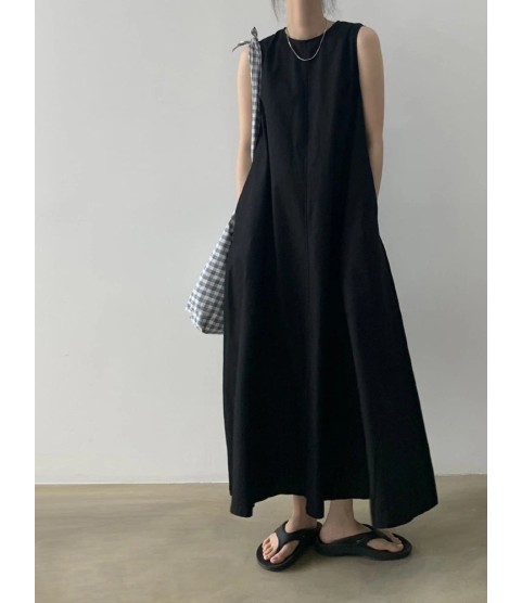 Cotton Linen Sleeveless Women's Long Dresses Solid O-Neck Style