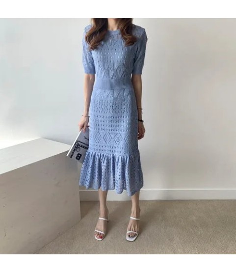Casual Chic Slim Out Dresses O Neck Short Sleeve Wrap Hip Knitted Dress