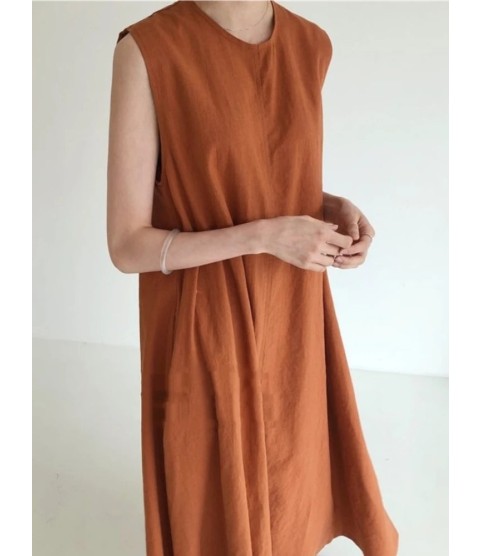 Cotton Linen Sleeveless Women's Long Dresses Solid O-Neck Style