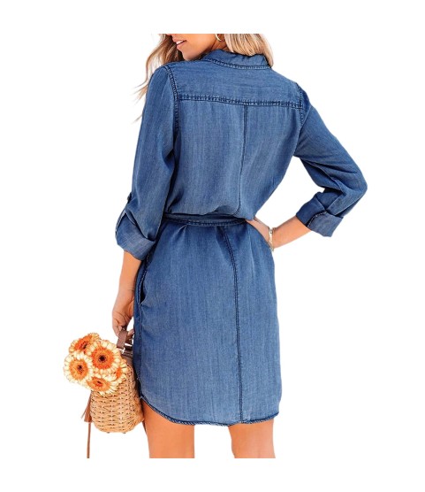 Long Sleeve Denim Long Pocket Button Shirt Print Dress