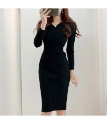Vintage Long Sleeve Knitted Retro V-neck Dress