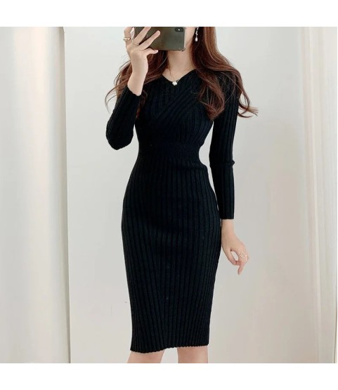 Vintage Long Sleeve Knitted Retro V-neck Dress