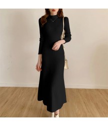 Long Sleeve Party Midi Knitted Half High Collar Knitted Sweater Dresses