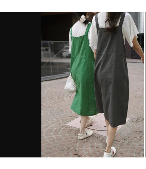 Fashion Cotton Linen Spaghetti Strap Dress Loose Pockets