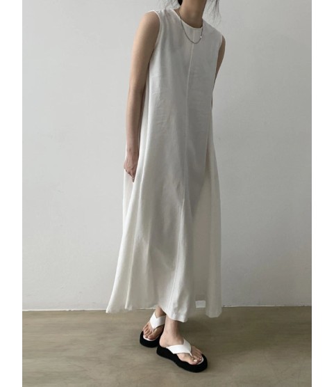 Cotton Linen Sleeveless Women's Long Dresses Solid O-Neck Style