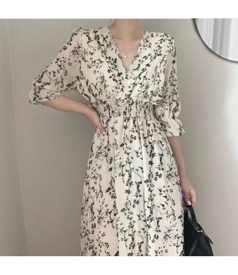 Vintage Elastic Waist A Line V Neck Office Floral Chic Chiffon Long Dress Retro