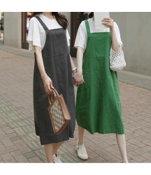Fashion Cotton Linen Spaghetti Strap Dress Loose Pockets