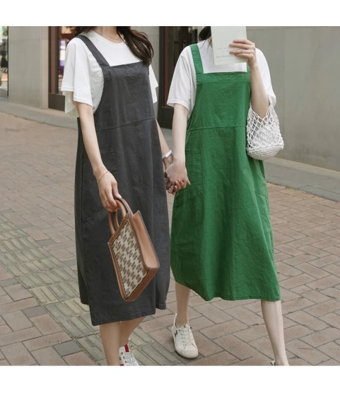 Fashion Cotton Linen Spaghetti Strap Dress Loose Pockets