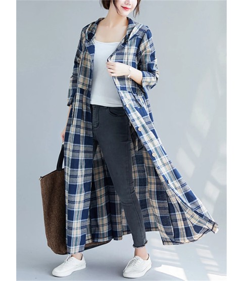 Casual Hooded Trench Coat Long Sleeve Single Breasted Plaid Cotton Office Lady Dress