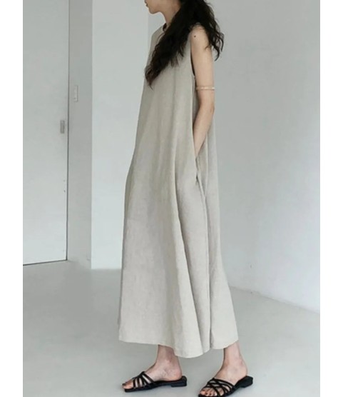 Cotton Linen Sleeveless Women's Long Dresses Solid O-Neck Style