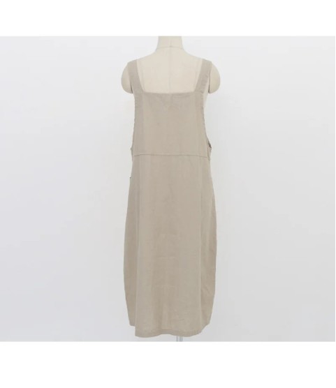 Fashion Cotton Linen Spaghetti Strap Dress Loose Pockets