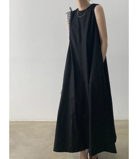 Cotton Linen Sleeveless Women's Long Dresses Solid O-Neck Style