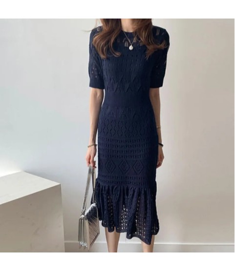 Casual Chic Slim Out Dresses O Neck Short Sleeve Wrap Hip Knitted Dress