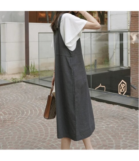 Fashion Cotton Linen Spaghetti Strap Dress Loose Pockets
