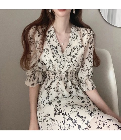 Vintage Elastic Waist A Line V Neck Office Floral Chic Chiffon Long Dress Retro