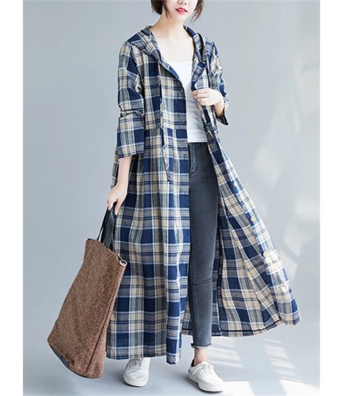Casual Hooded Trench Coat Long Sleeve Single Breasted Plaid Cotton Office Lady Dress