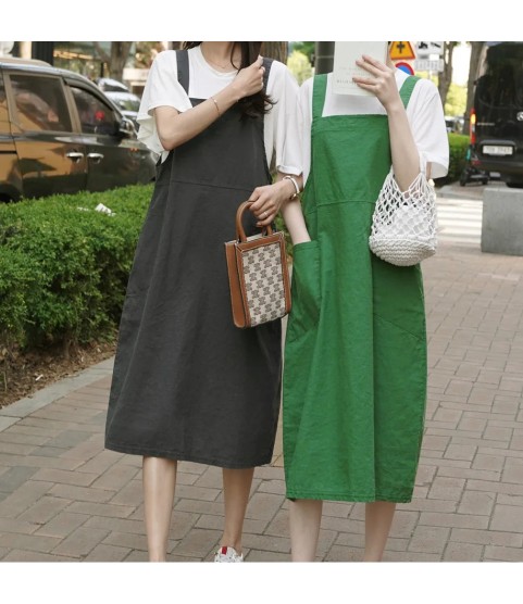 Fashion Cotton Linen Spaghetti Strap Dress Loose Pockets