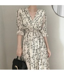 Vintage Elastic Waist A Line V Neck Office Floral Chic Chiffon Long Dress Retro
