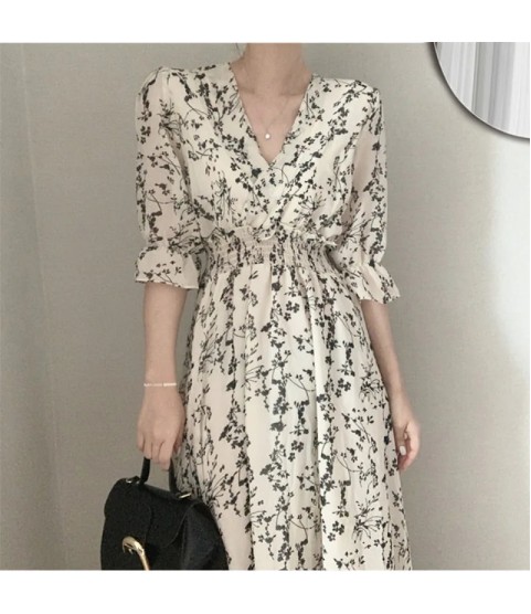 Vintage Elastic Waist A Line V Neck Office Floral Chic Chiffon Long Dress Retro