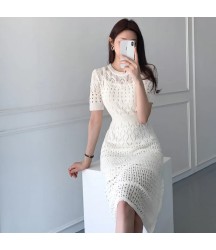 Casual Chic Slim Out Dresses O Neck Short Sleeve Wrap Hip Knitted Dress