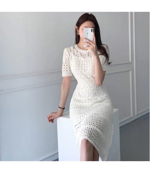Casual Chic Slim Out Dresses O Neck Short Sleeve Wrap Hip Knitted Dress