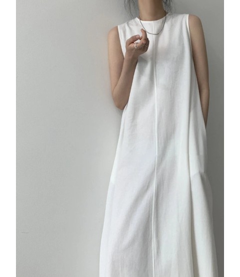 Cotton Linen Sleeveless Women's Long Dresses Solid O-Neck Style