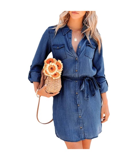 Long Sleeve Denim Long Pocket Button Shirt Print Dress