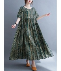 Oversized Vintage Cotton Linen Striped Dresses Casual Fashion