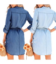 Long Sleeve Denim Long Pocket Button Shirt Print Dress