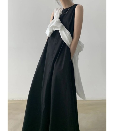 Cotton Linen Sleeveless Women's Long Dresses Solid O-Neck Style