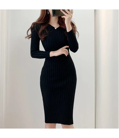 Vintage Long Sleeve Knitted Retro V-neck Dress