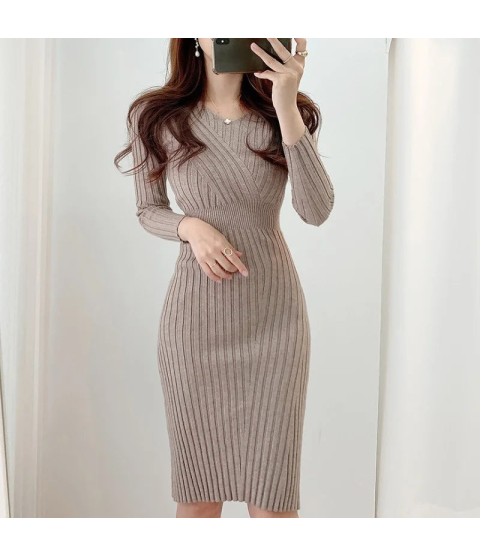 Vintage Long Sleeve Knitted Retro V-neck Dress