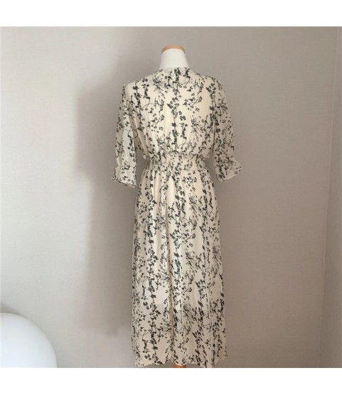 Vintage Elastic Waist A Line V Neck Office Floral Chic Chiffon Long Dress Retro