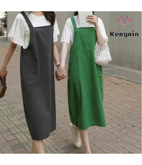 Fashion Cotton Linen Spaghetti Strap Dress Loose Pockets