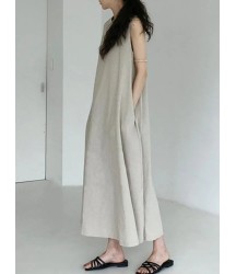 Cotton Linen Sleeveless Women's Long Dresses Solid O-Neck Style