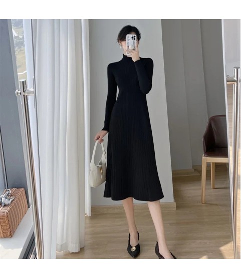 Long Sleeve Bodycon Dress High Collar Knitted Sweater