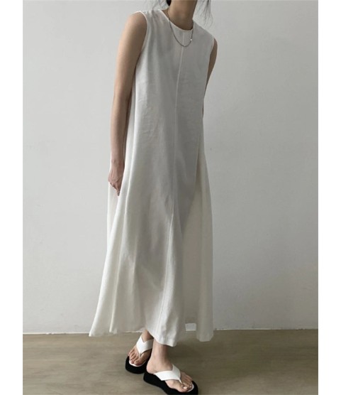 Cotton Linen Sleeveless Women's Long Dresses Solid O-Neck Style