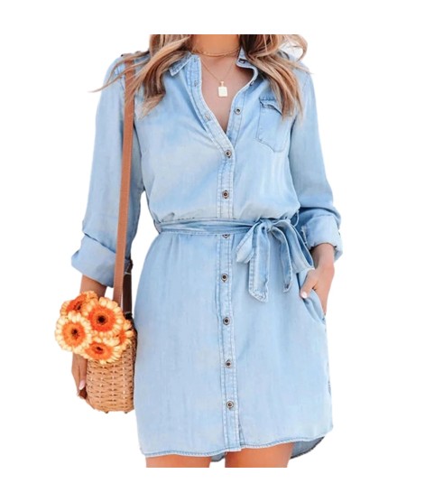 Long Sleeve Denim Long Pocket Button Shirt Print Dress